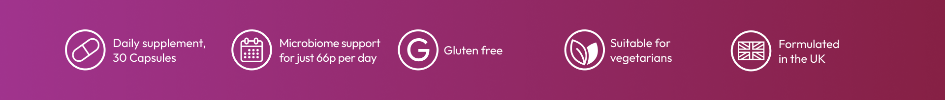 Daily supplement, 30 Capsules. Microbiome support for just 66p per day. Gluten free. Suitable for vegetarians. Formulated
in the UK