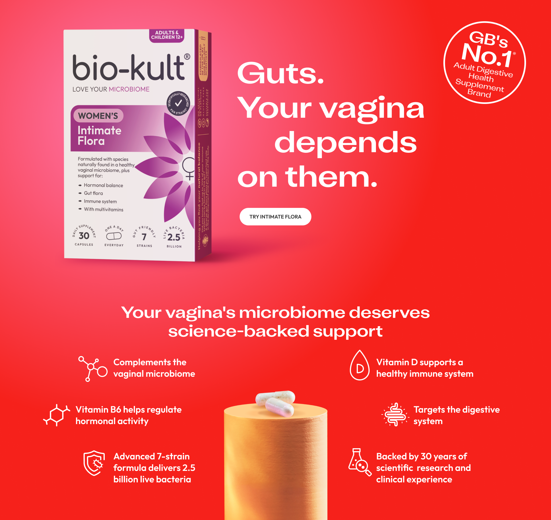 Guts.Your vagina depends on them. GBS No.1 Adults Digestive health supplement brand, Try Intimate flora.Your vagina's microbiome deserves science-backed support. Complements the vaginal microbiome. Advanced 7-strain formula delivers 2.5 billion live bacteria.Vitamin D supports a healthy immune system . Targets the digestive system . Backed by 30 years of scientific research and clinical experience